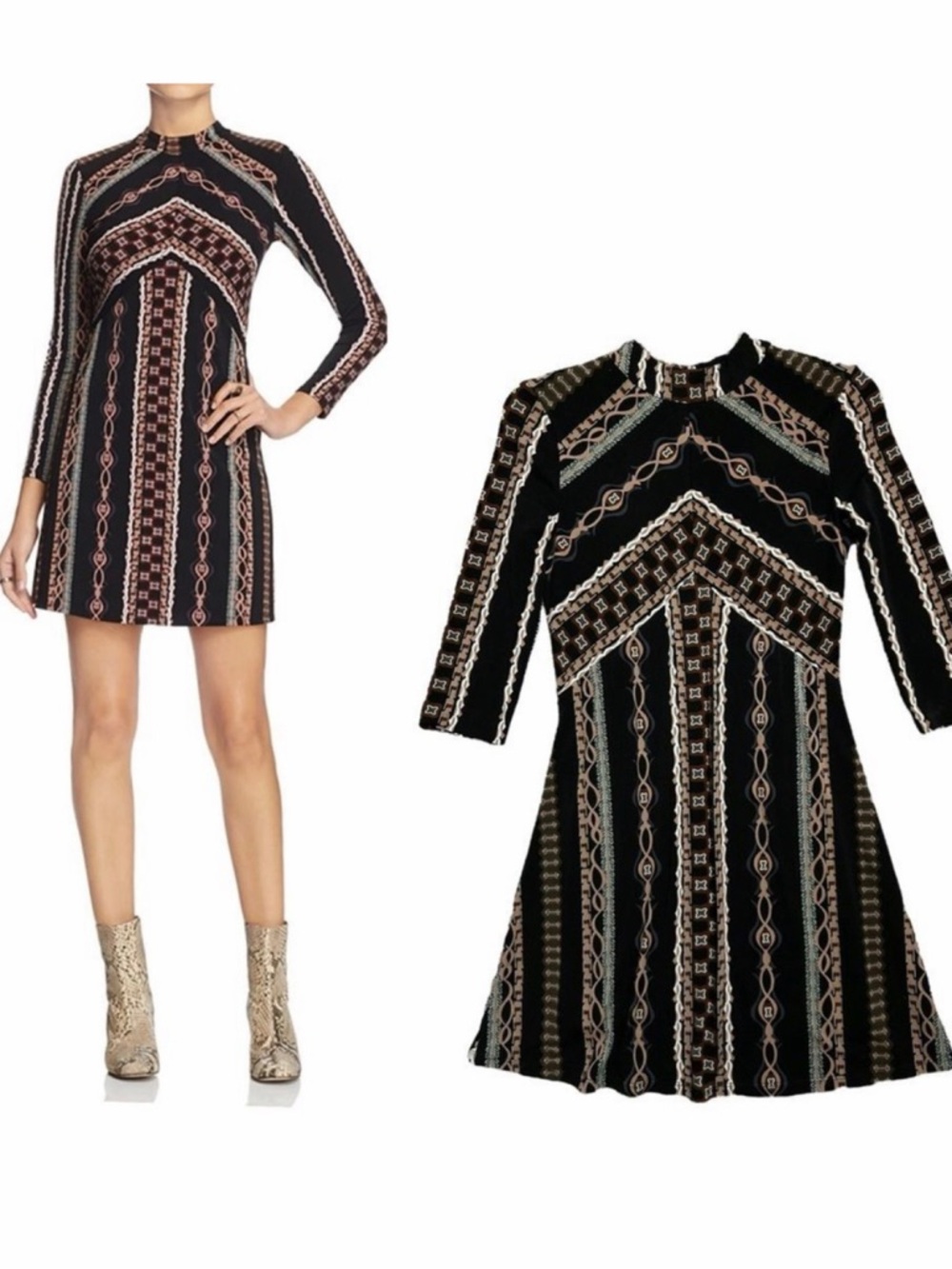 FREE PEOPLE Retro Print Long Sleeve Stella Mock Neck Mini Dress XS
